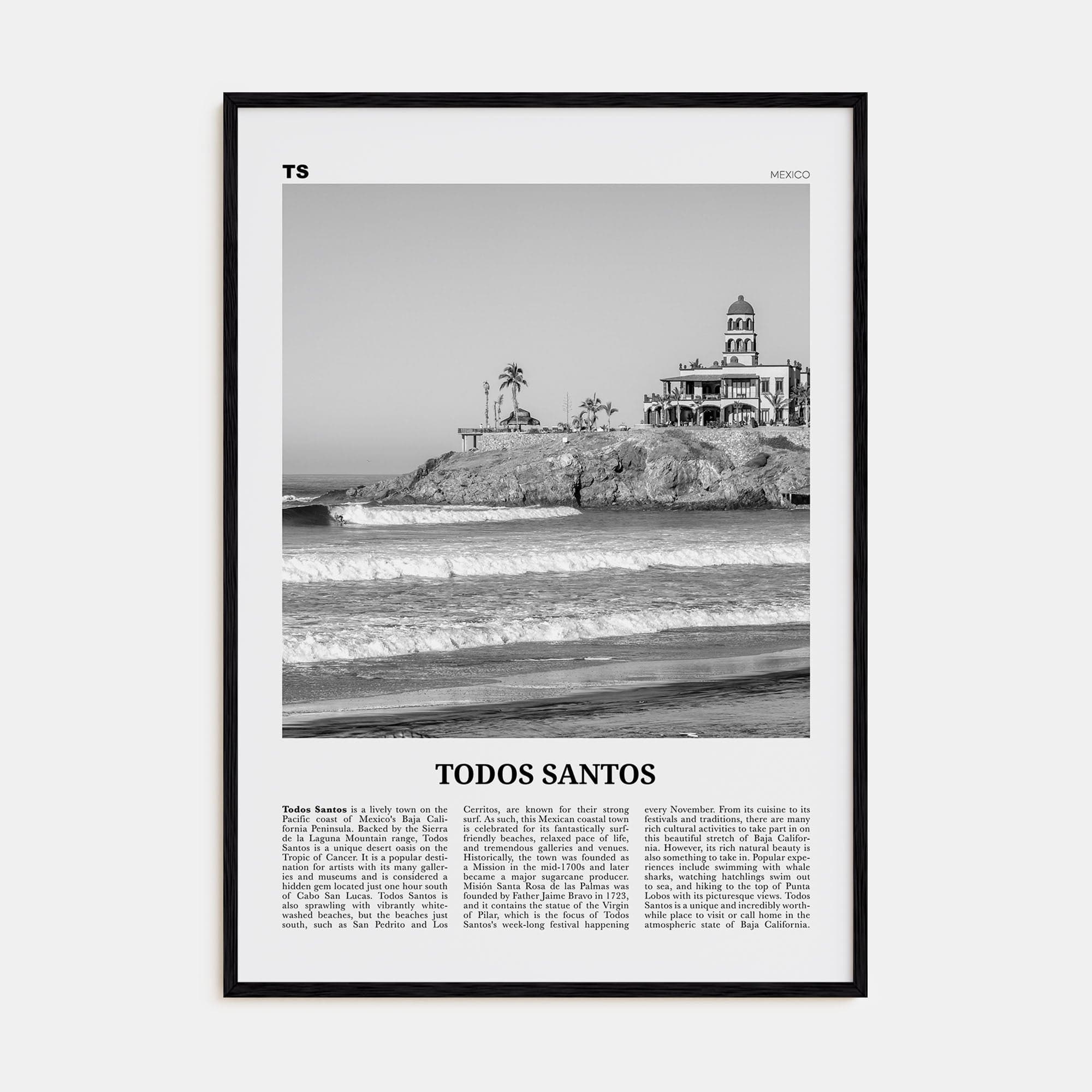 Todos Santos Poster Black Wood / 8x12 in Nbourhood Travel B&W Poster