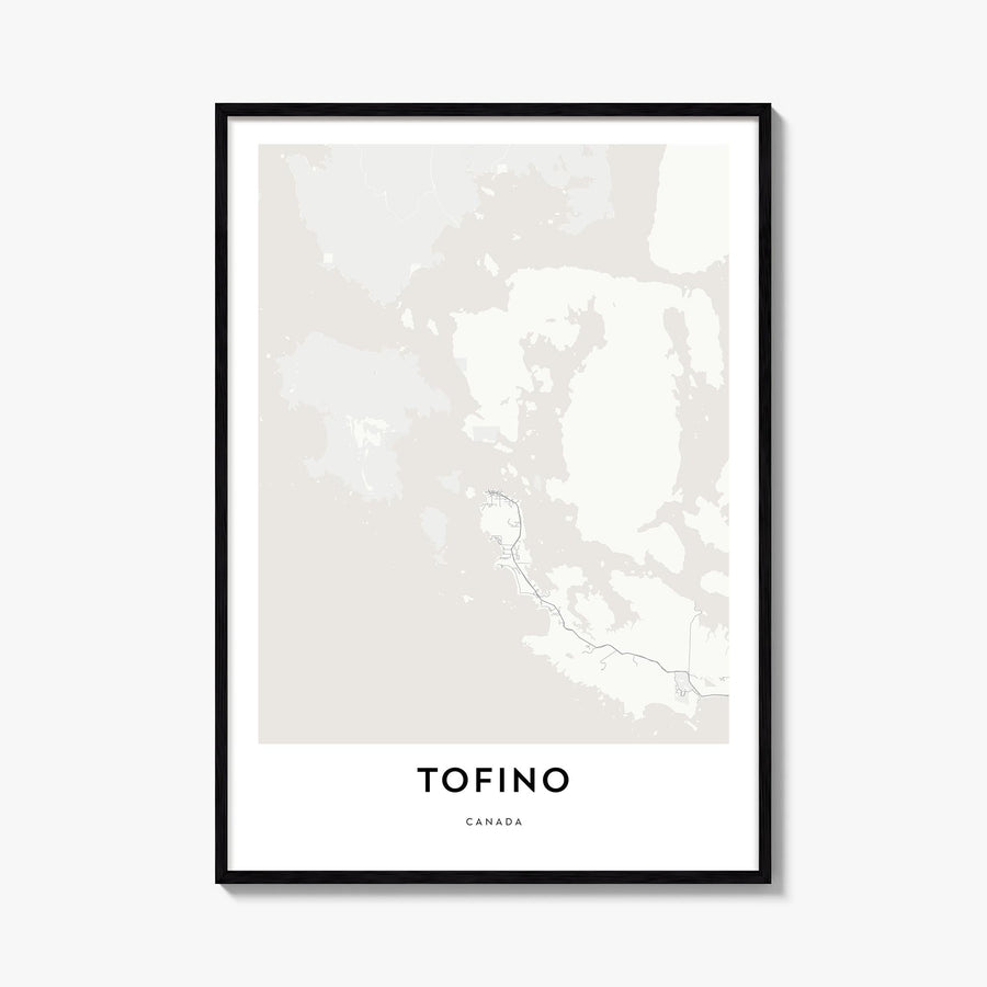 Tofino black & white map poster of British Columbia, Canada – vertical wall art, unframed print shown in interior mockup