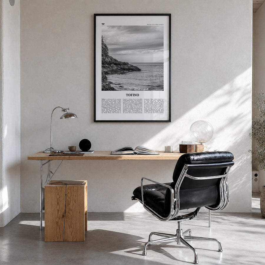 Tofino black & white newspaper poster of British Columbia, Canada – vertical wall art in black wood frame, hanging on wall