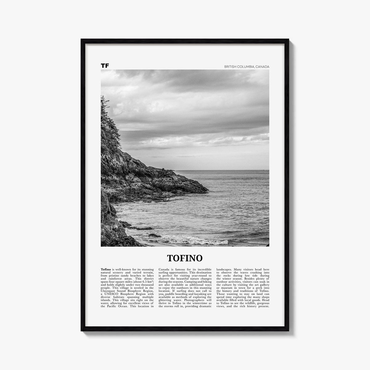 Tofino black & white newspaper poster of British Columbia, Canada – vertical wall art, unframed print shown in interior mocku