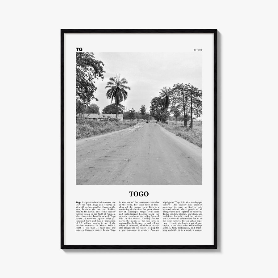Togo black & white newspaper poster of Africa – vertical wall art, unframed print shown in interior mockup