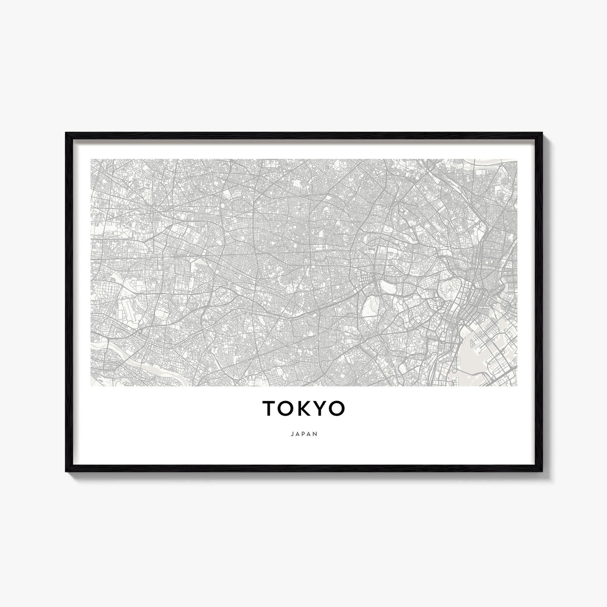 Tokyo black & white map poster of Japan – horizontal wall art, unframed print shown in interior mockup