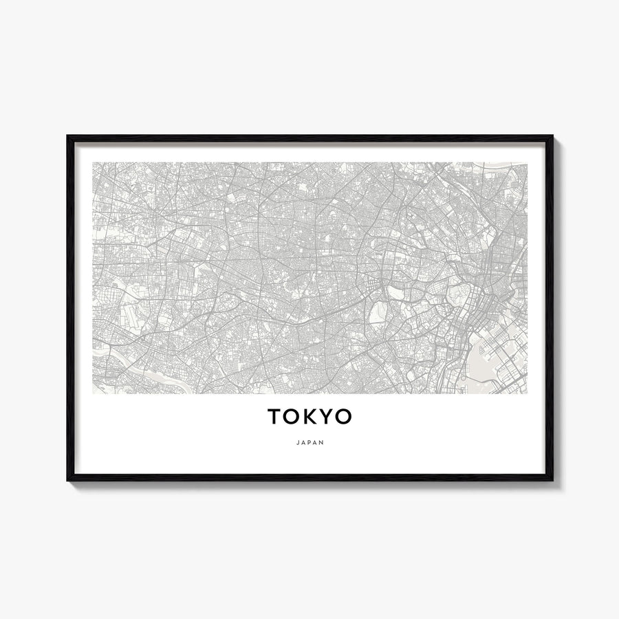 Tokyo black & white map poster of Japan – horizontal wall art, unframed print shown in interior mockup