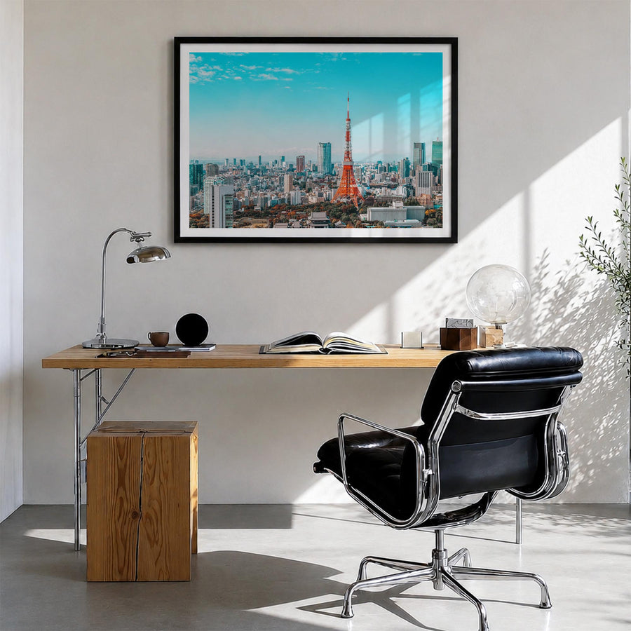 Tokyo colorful photo poster of Japan – horizontal wall art in black wood frame with white border, hanging on wall