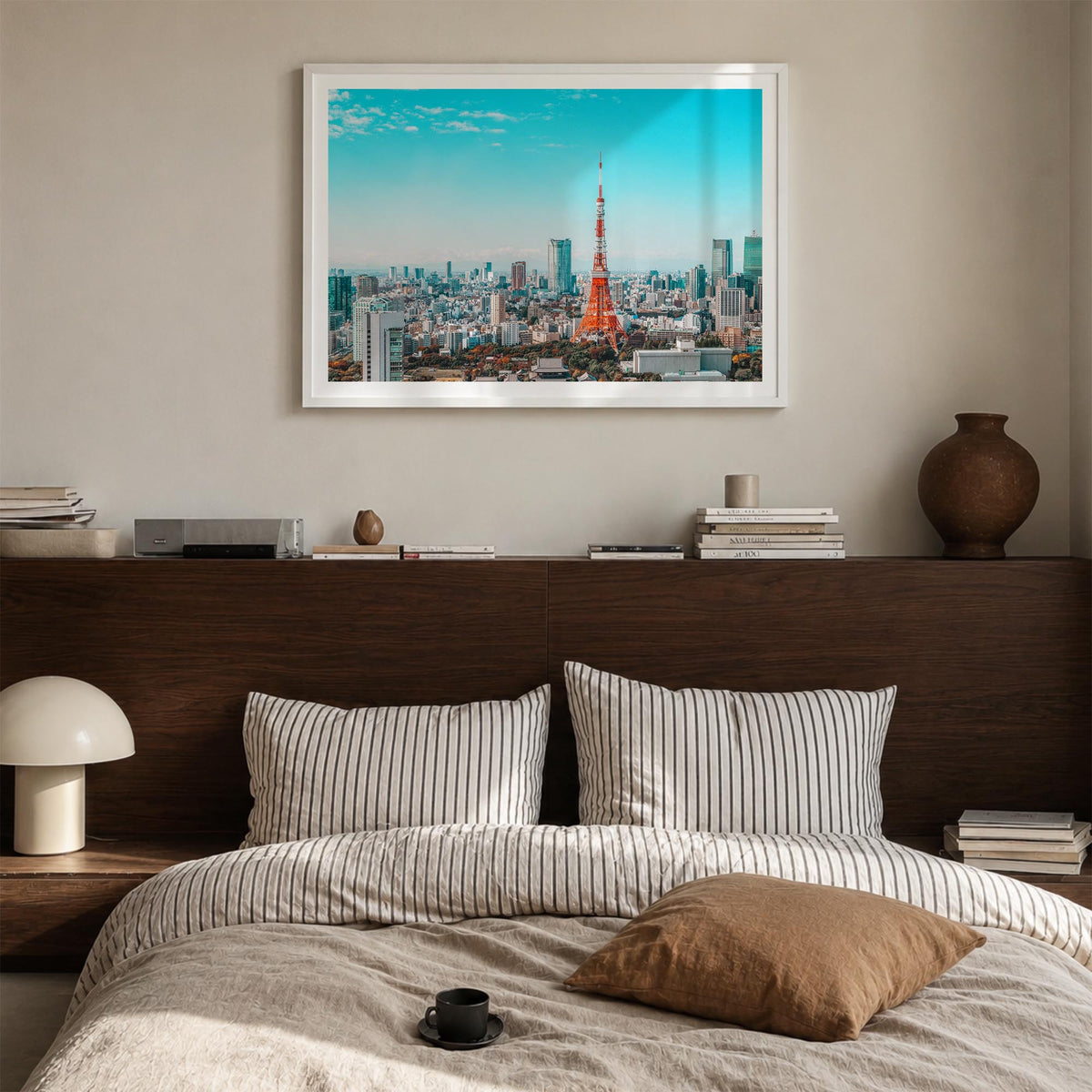 Tokyo colorful photo poster of Japan – horizontal wall art in white wood frame with white border, hanging on wall