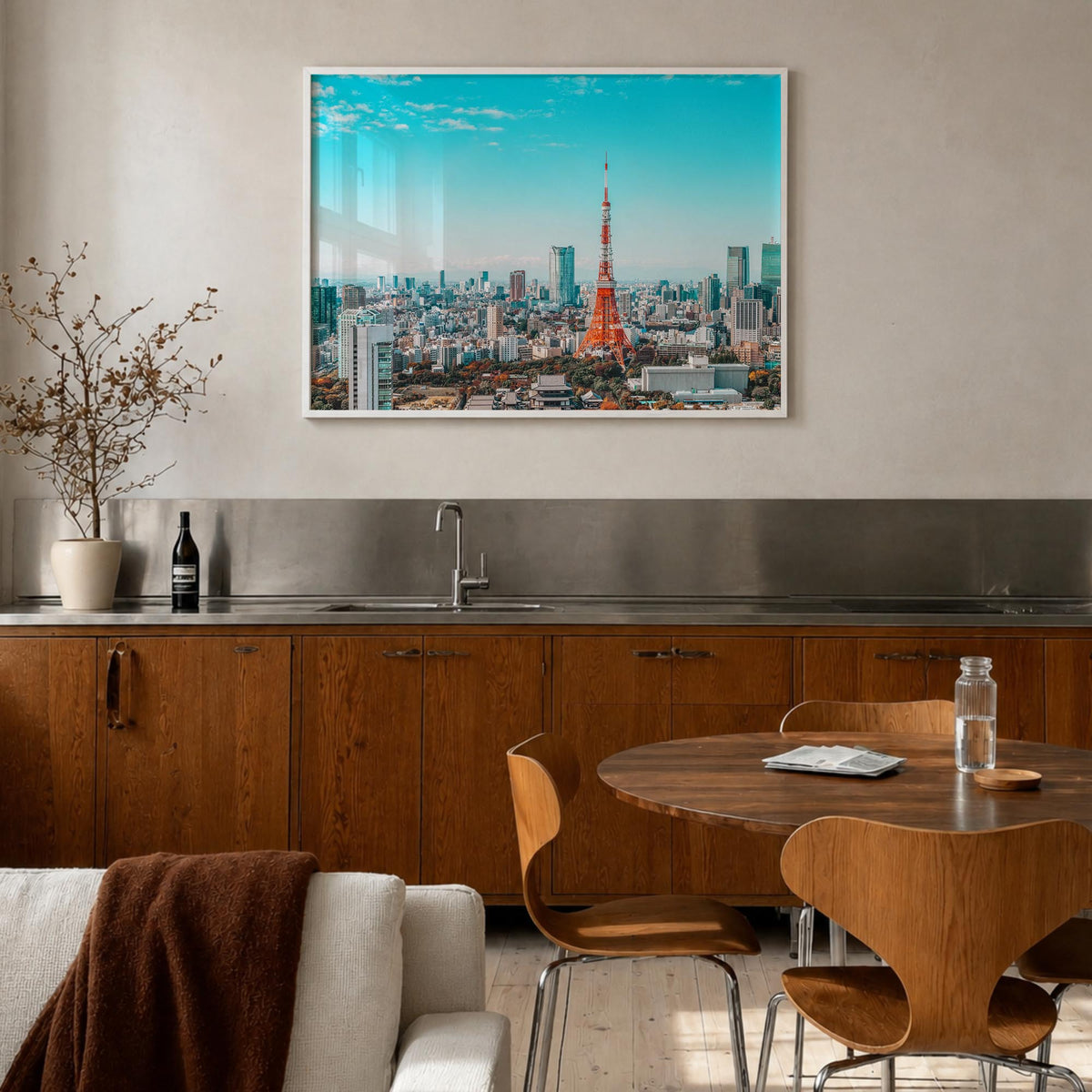 Tokyo colorful photo poster of Japan – horizontal wall art in white wood frame, hanging on wall