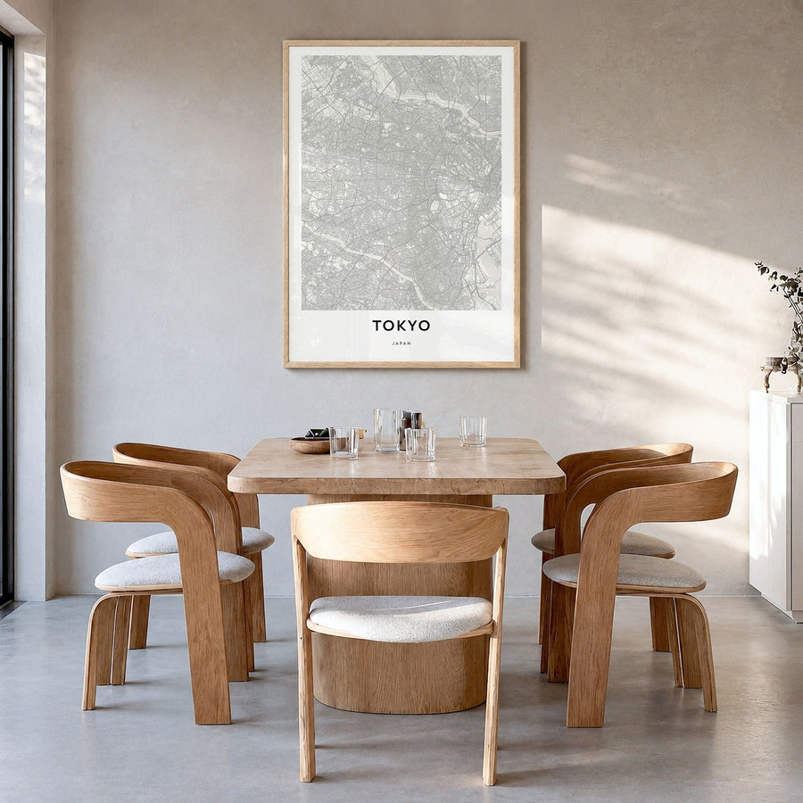Tokyo Map Poster in a natural wood frame, hanging in a dining room