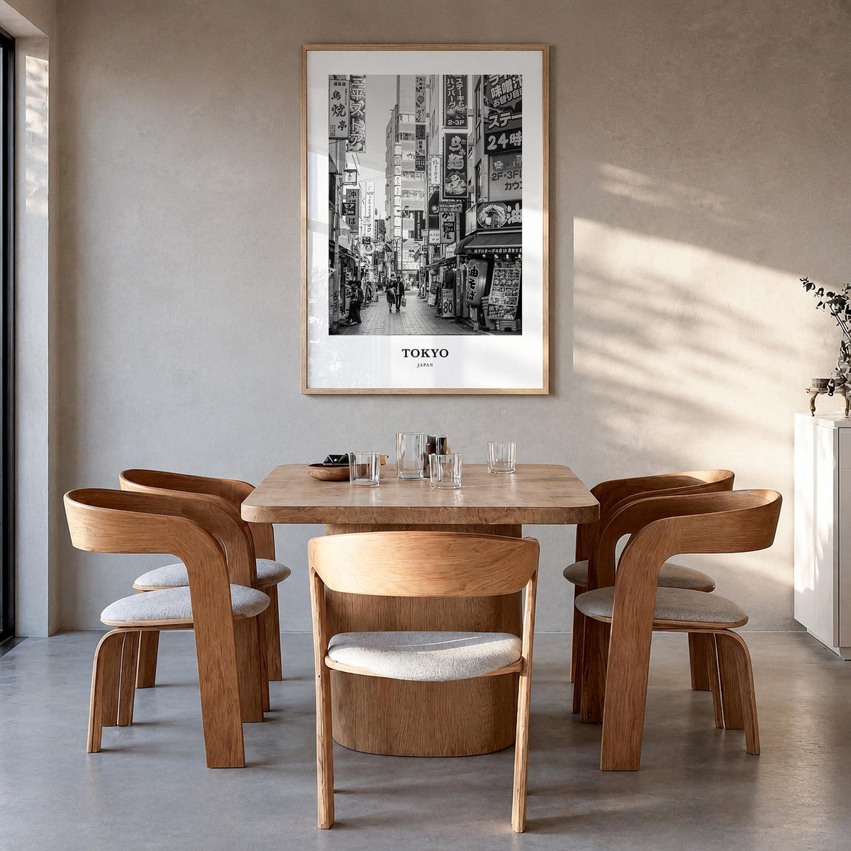Tokyo no. 1 black & white classic poster of Japan – vertical wall art in natural wood frame, hanging on wall
