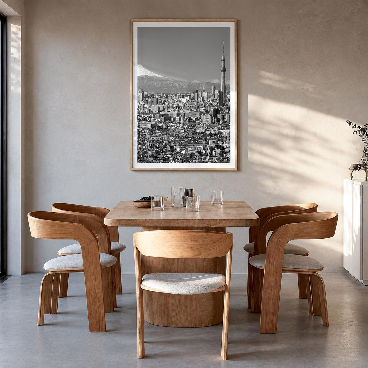 Tokyo no. 1 black & white photo poster of Japan – vertical wall art in natural wood frame with white border, hanging on wall