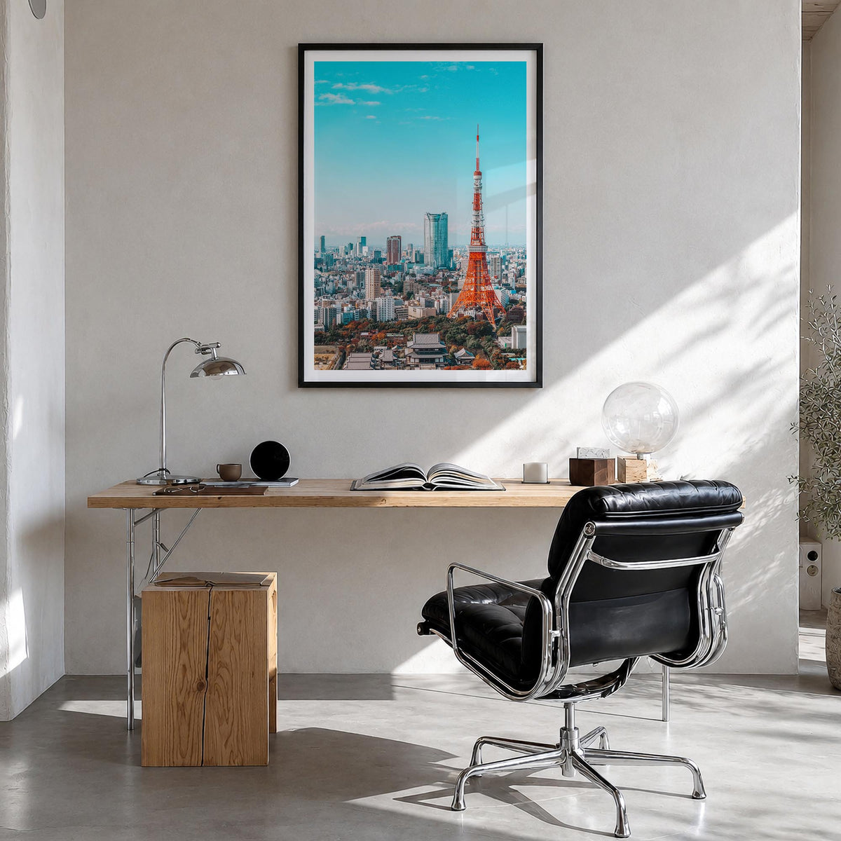 Tokyo no. 1 colorful photo poster of Japan – vertical wall art in black wood frame with white border, hanging on wall