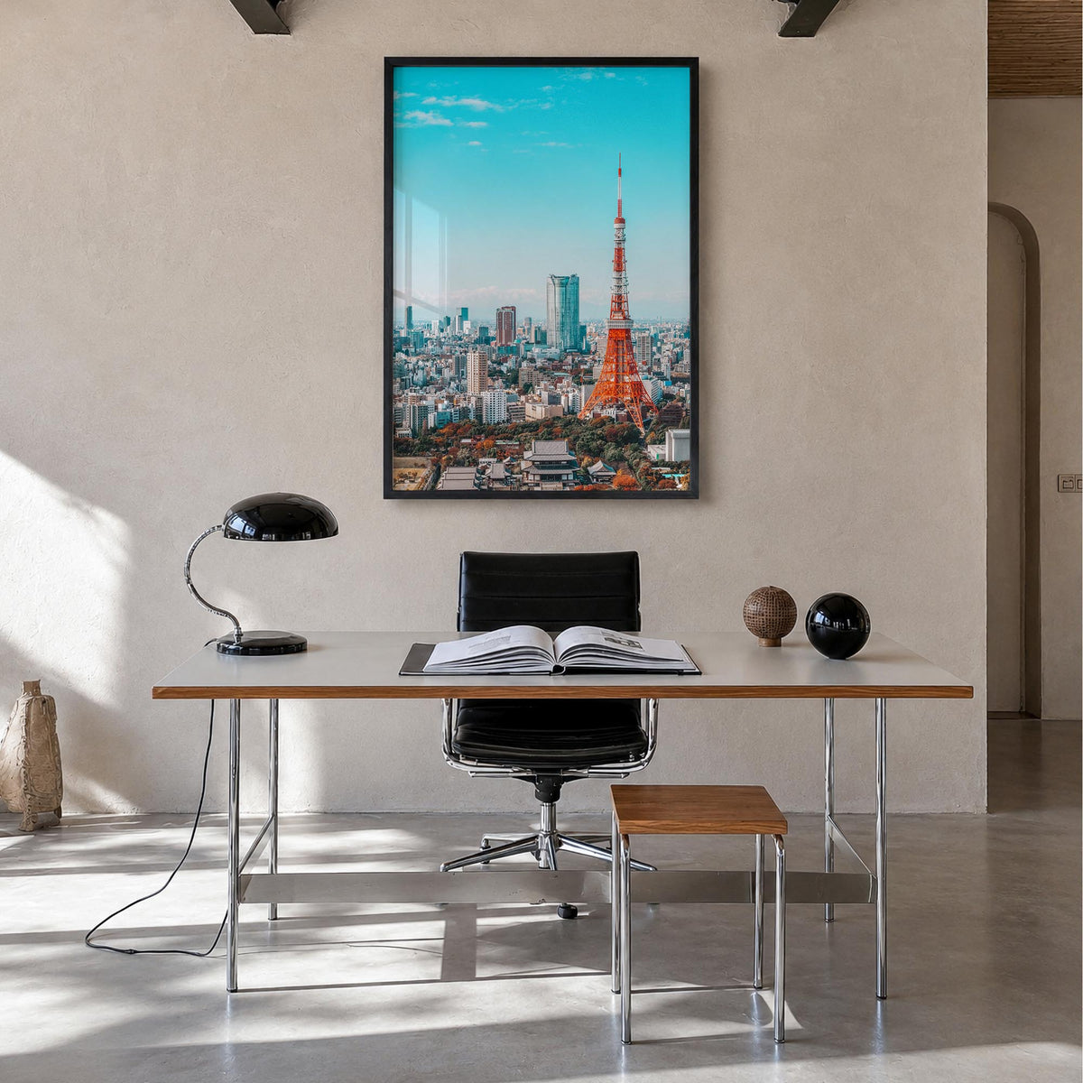 Tokyo no. 1 colorful photo poster of Japan – vertical wall art in black wood frame, hanging on wall
