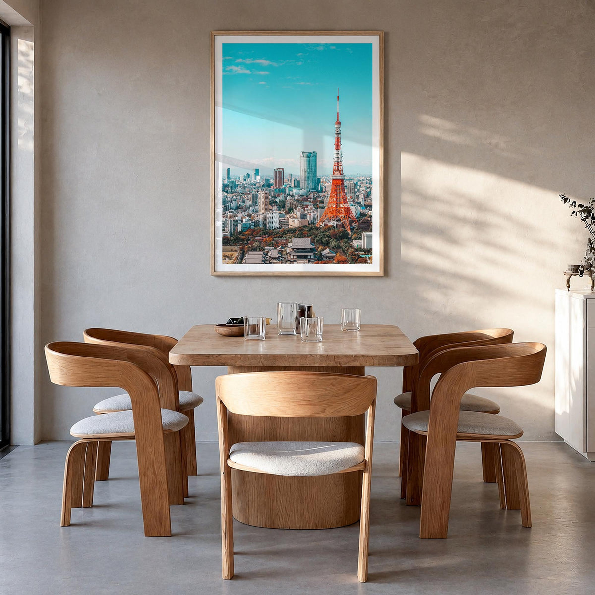 Tokyo no. 1 colorful photo poster of Japan – vertical wall art in natural wood frame with white border, hanging on wall