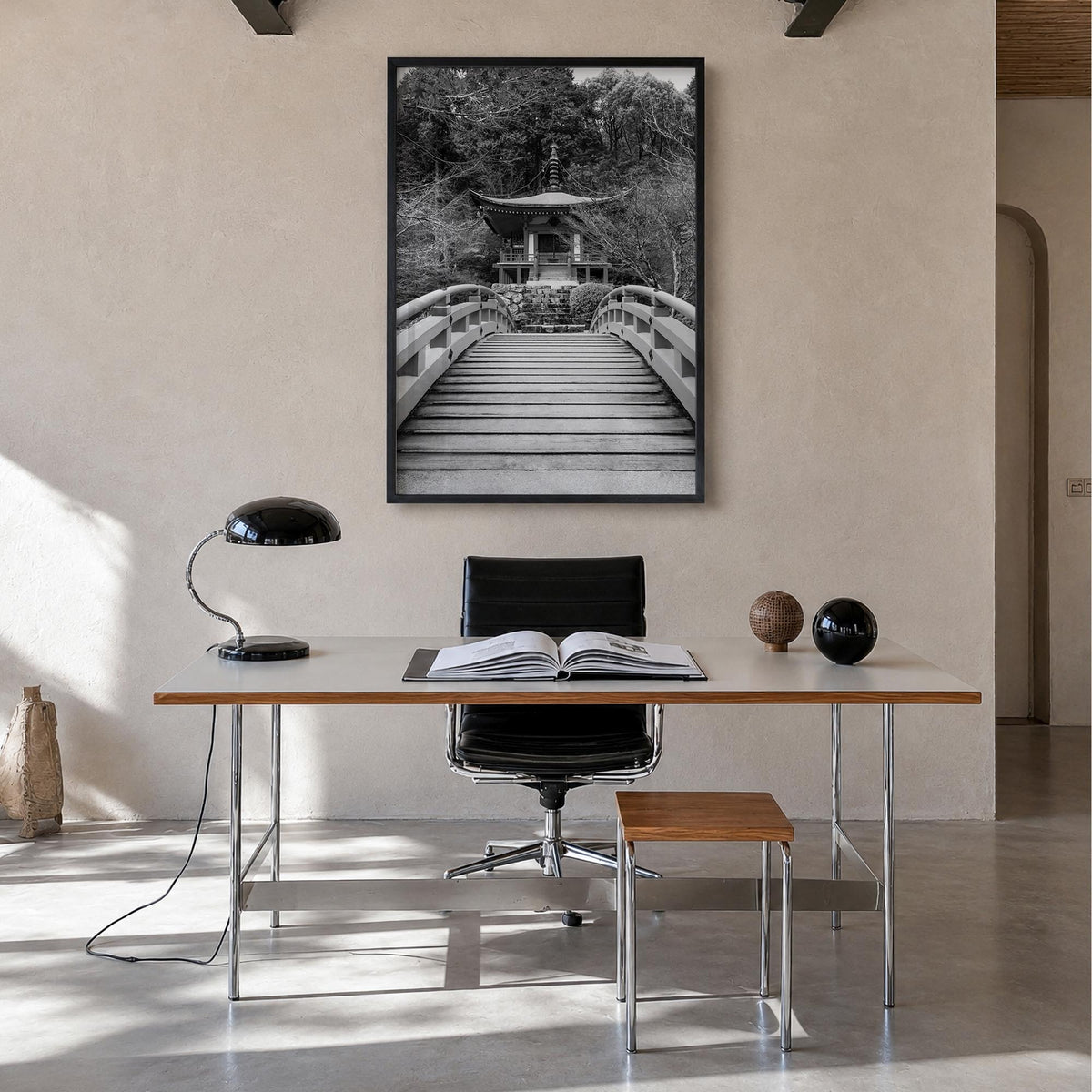Tokyo no. 2 black & white photo poster of Japan – vertical wall art in black wood frame, hanging on wall