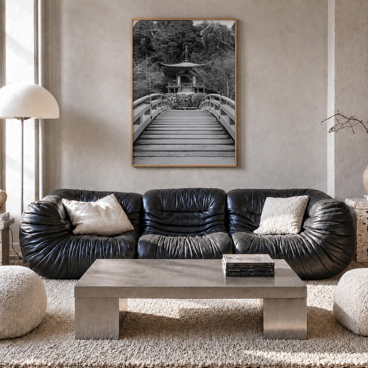 Tokyo no. 2 black & white photo poster of Japan – vertical wall art in natural wood frame, hanging on wall