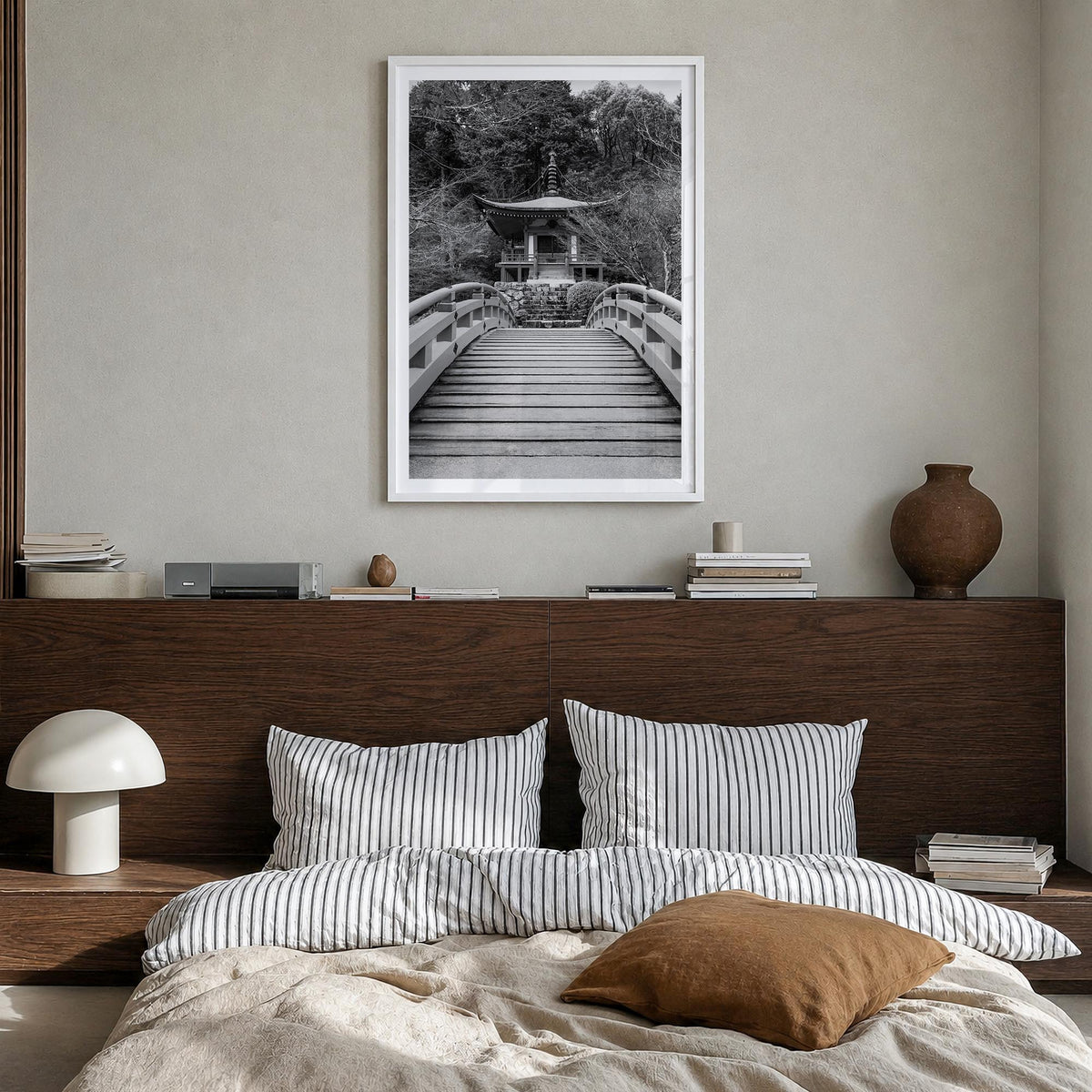 Tokyo no. 2 black & white photo poster of Japan – vertical wall art in white wood frame with white border, hanging on wall
