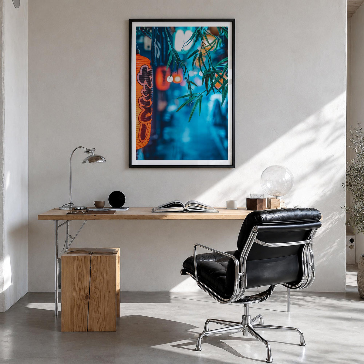 Tokyo no. 2 colorful photo poster of Japan – vertical wall art in black wood frame with white border, hanging on wall