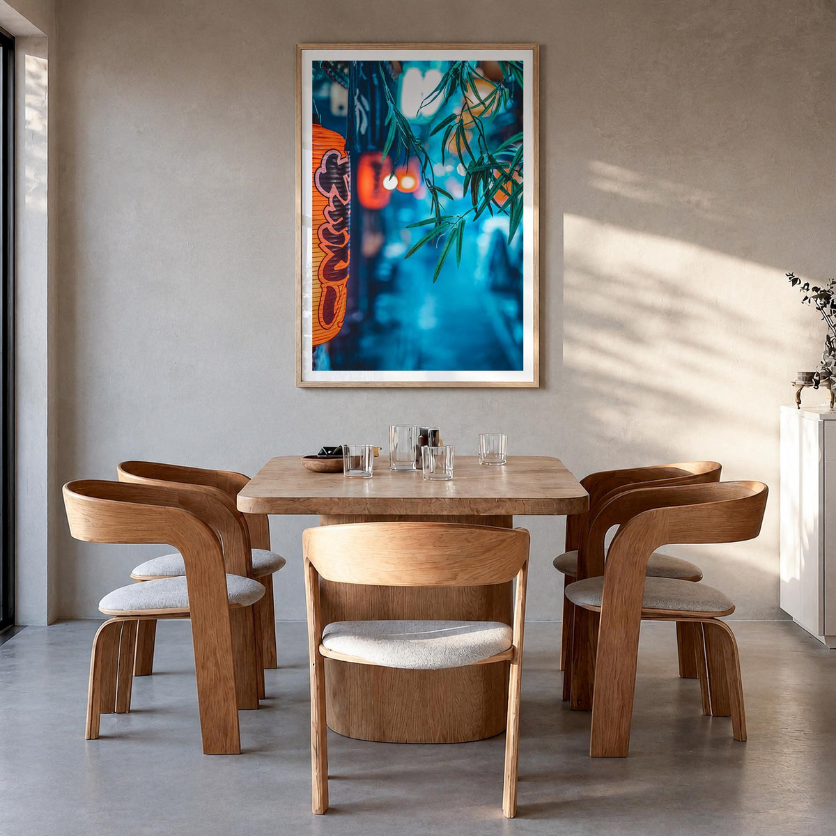 Tokyo no. 2 colorful photo poster of Japan – vertical wall art in natural wood frame with white border, hanging on wall