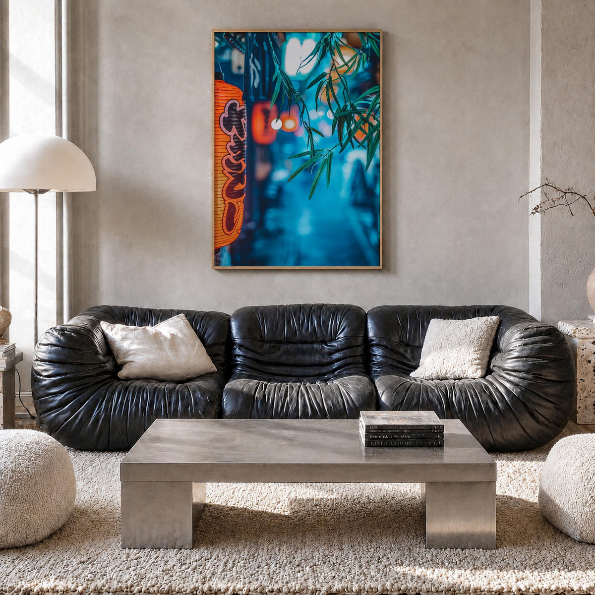 Tokyo no. 2 colorful photo poster of Japan – vertical wall art in natural wood frame, hanging on wall