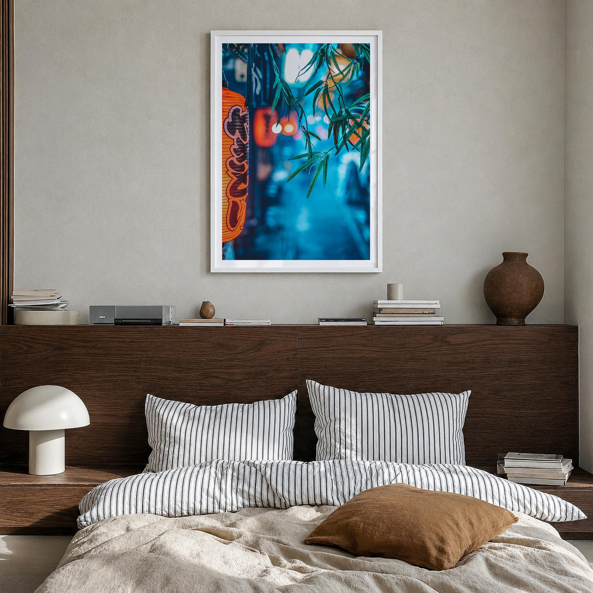 Tokyo no. 2 colorful photo poster of Japan – vertical wall art in white wood frame with white border, hanging on wall