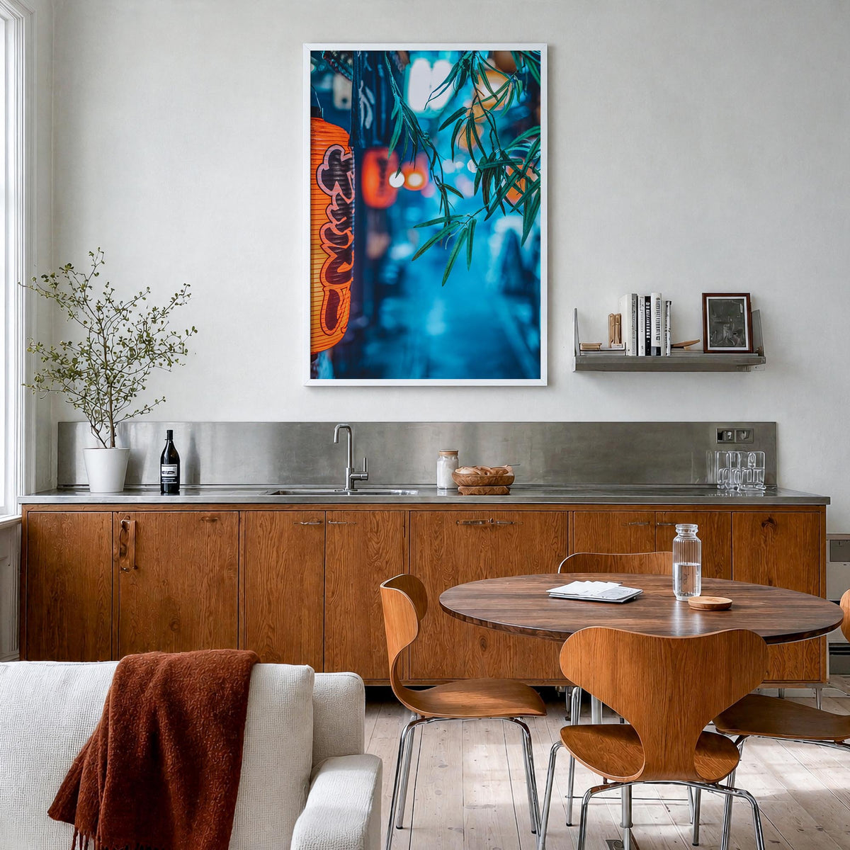 Tokyo no. 2 colorful photo poster of Japan – vertical wall art in white wood frame, hanging on wall