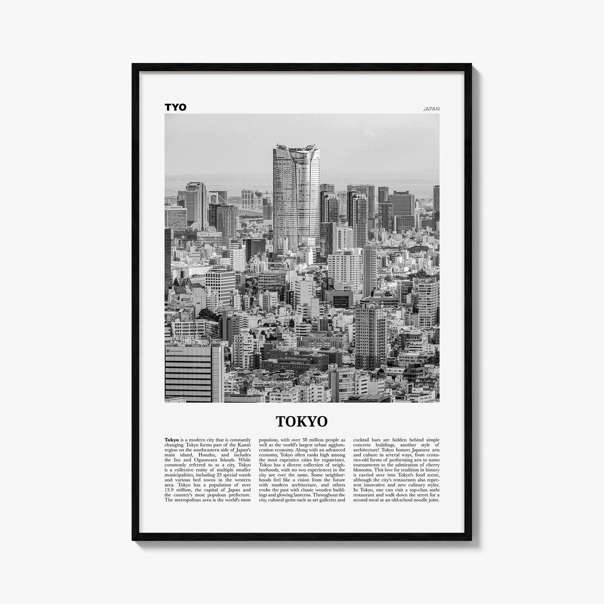 Tokyo no. 4 black & white newspaper poster of Japan – vertical wall art, unframed print shown in interior mockup