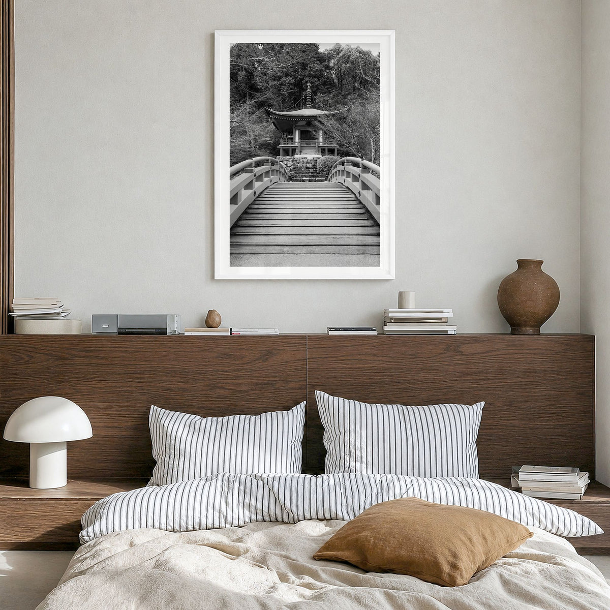 Tokyo Photo No 2 Poster in a white wood frame, hanging in a bedroom, white border