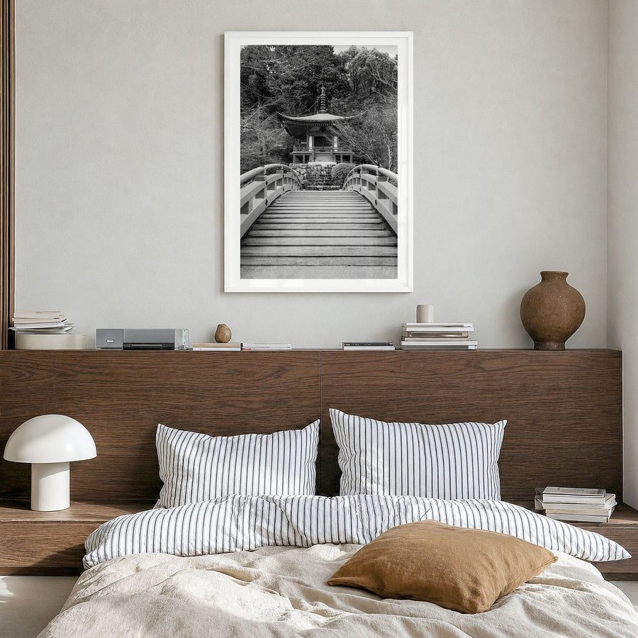 Tokyo Photo No 2 Poster in a white wood frame, hanging in a bedroom, white border