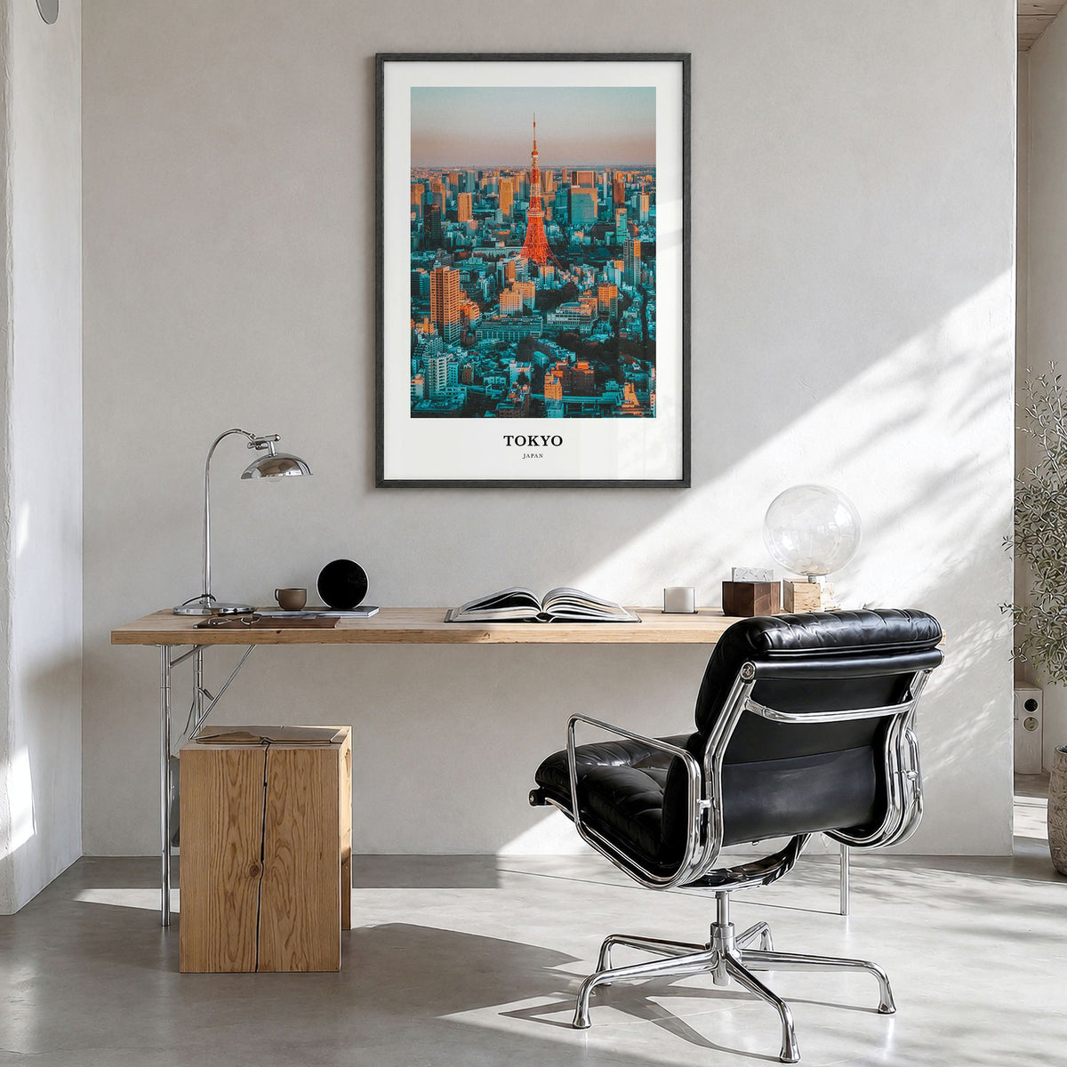 Tokyo Classic Poster in a black wood frame, hanging in a bright home office