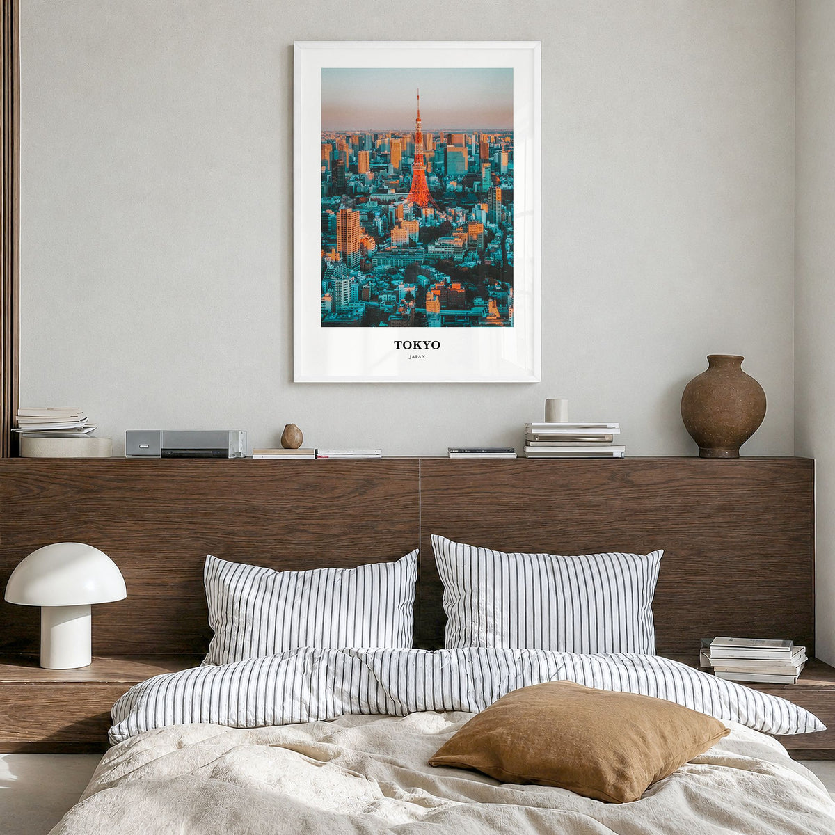 Tokyo Classic Poster in a white wood frame, hanging in a bedroom