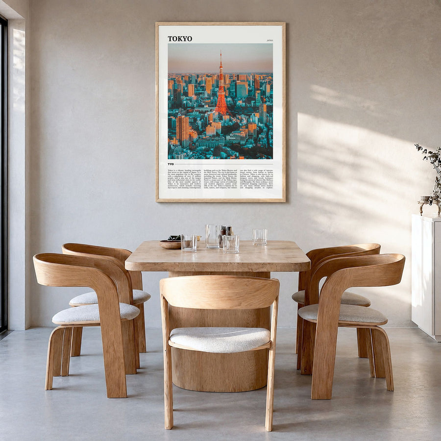 Tokyo Travel Poster in a natural wood frame, hanging in a dining room