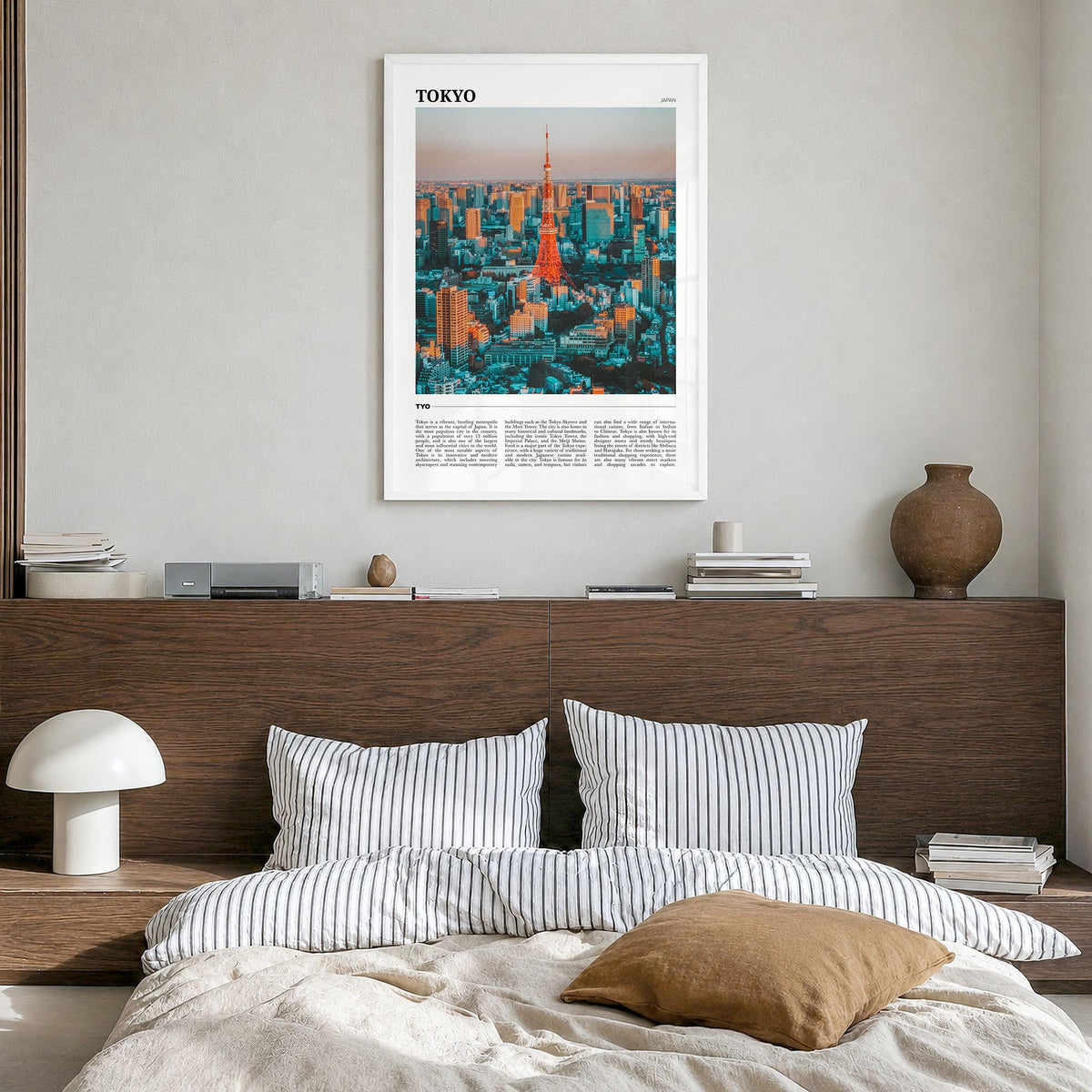Tokyo Travel Poster in a white wood frame, hanging in a bedroom