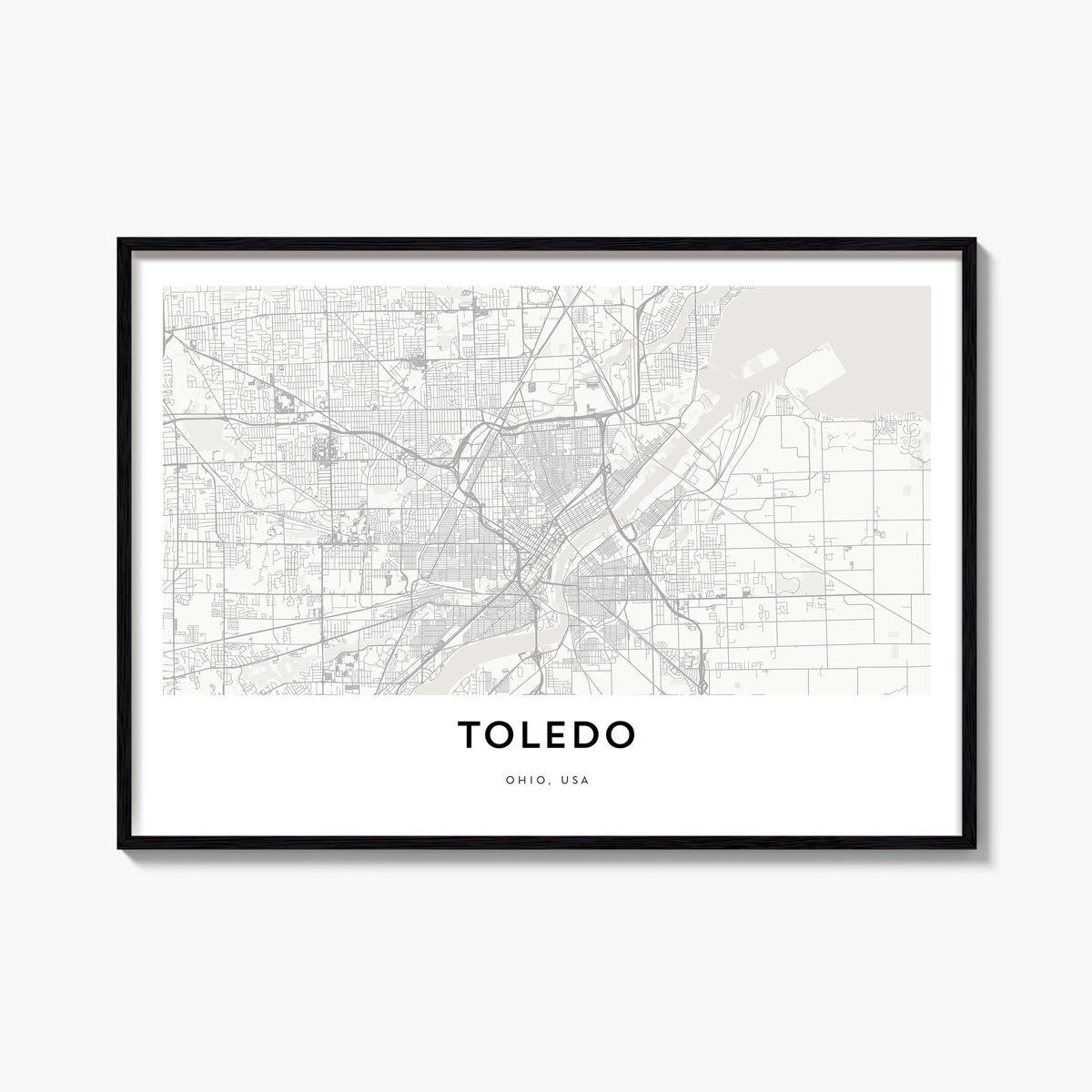Toledo, Ohio black & white map poster of Ohio, USA – horizontal wall art, unframed print shown in interior mockup