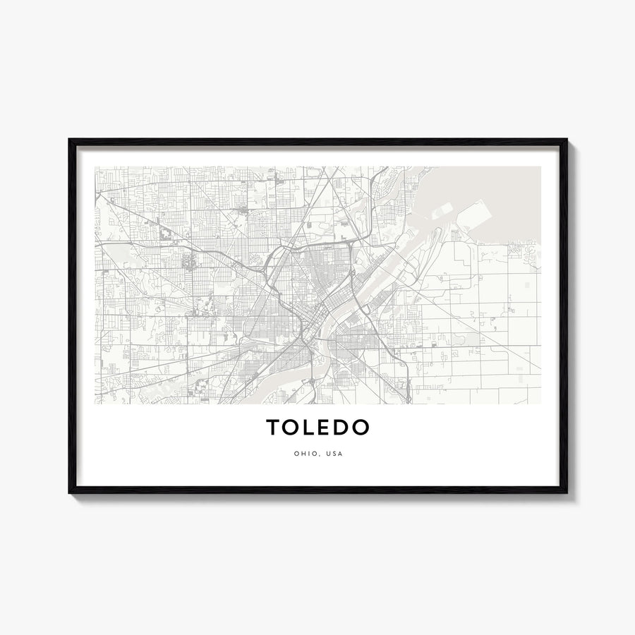 Toledo, Ohio black & white map poster of Ohio, USA – horizontal wall art, unframed print shown in interior mockup