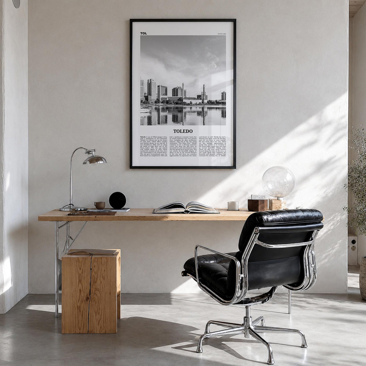 Toledo, Ohio black & white newspaper poster of Ohio, USA – vertical wall art in black wood frame, hanging on wall