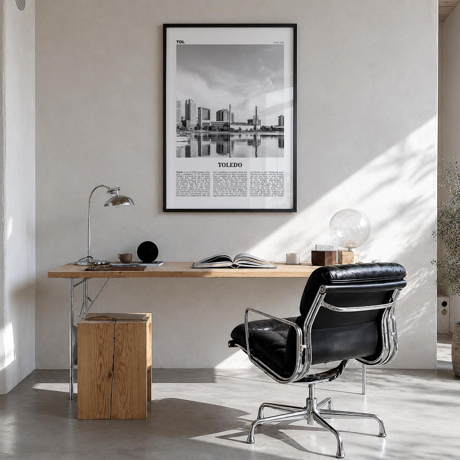 Toledo, Ohio black & white newspaper poster of Ohio, USA – vertical wall art in black wood frame, hanging on wall