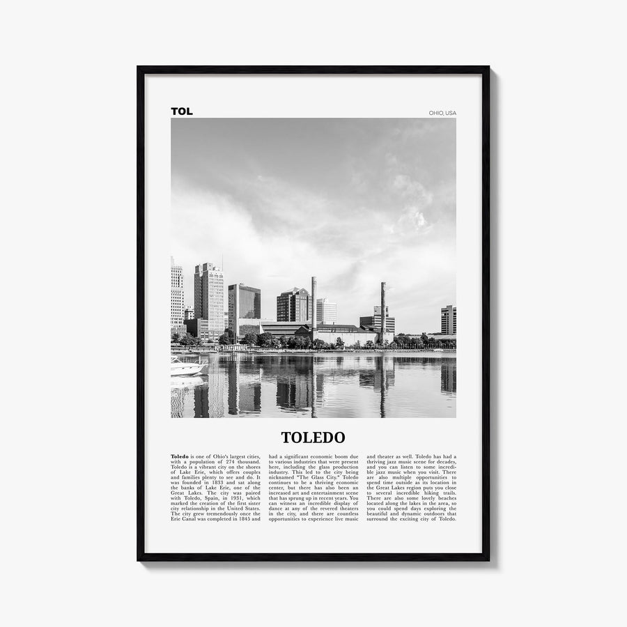 Toledo, Ohio black & white newspaper poster of Ohio, USA – vertical wall art, unframed print shown in interior mockup