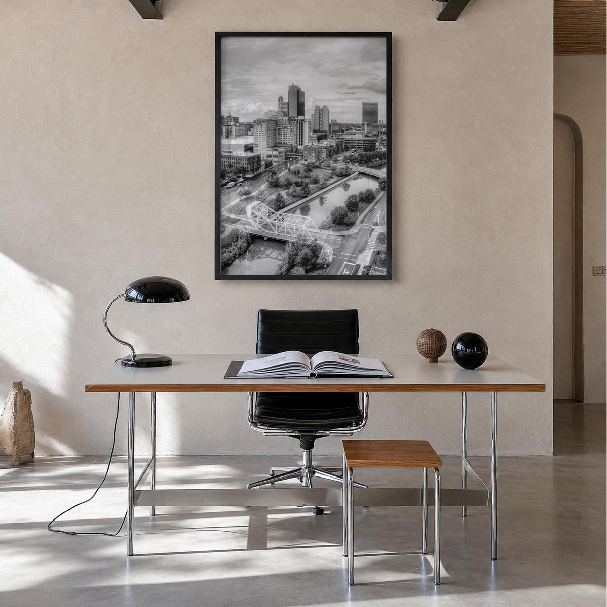 Toledo, Ohio black & white photo poster of Ohio, USA – vertical wall art in black wood frame, hanging on wall
