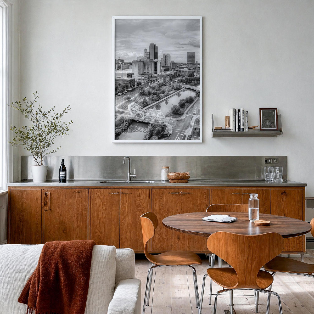 Toledo, Ohio black & white photo poster of Ohio, USA – vertical wall art in white wood frame, hanging on wall