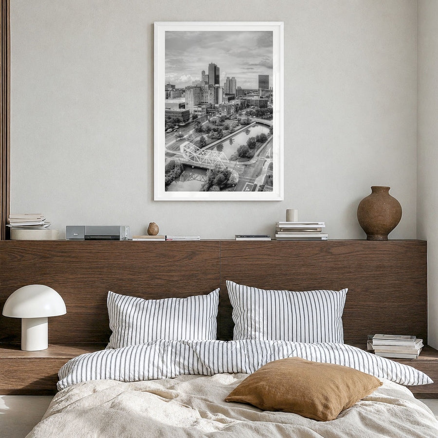 Toledo, Ohio Photo Poster in a white wood frame, hanging in a bedroom, white border