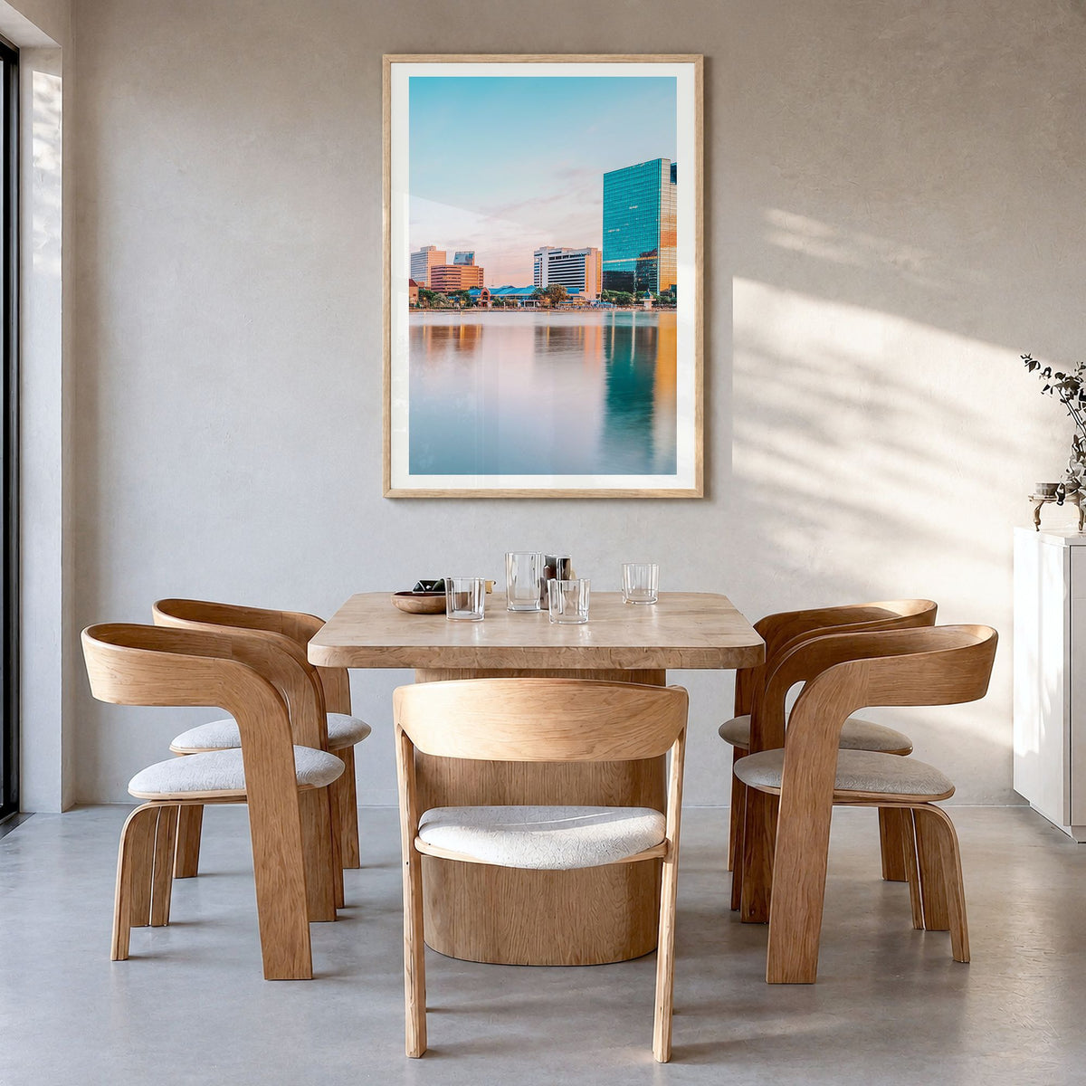 Toledo, Ohio Photo Poster in a natural wood frame, hanging in a dining room, white border