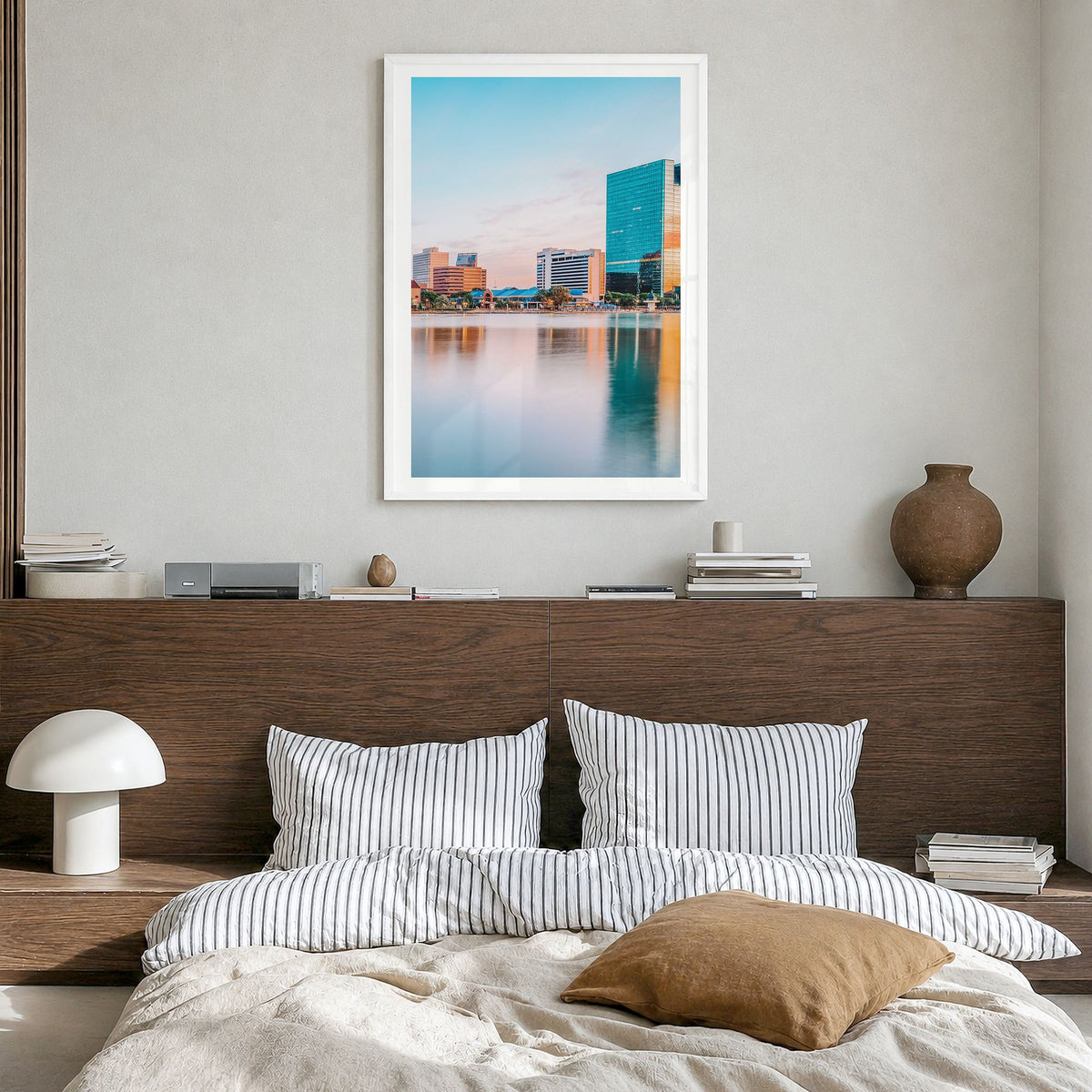 Toledo, Ohio Photo Poster in a white wood frame, hanging in a bedroom, white border
