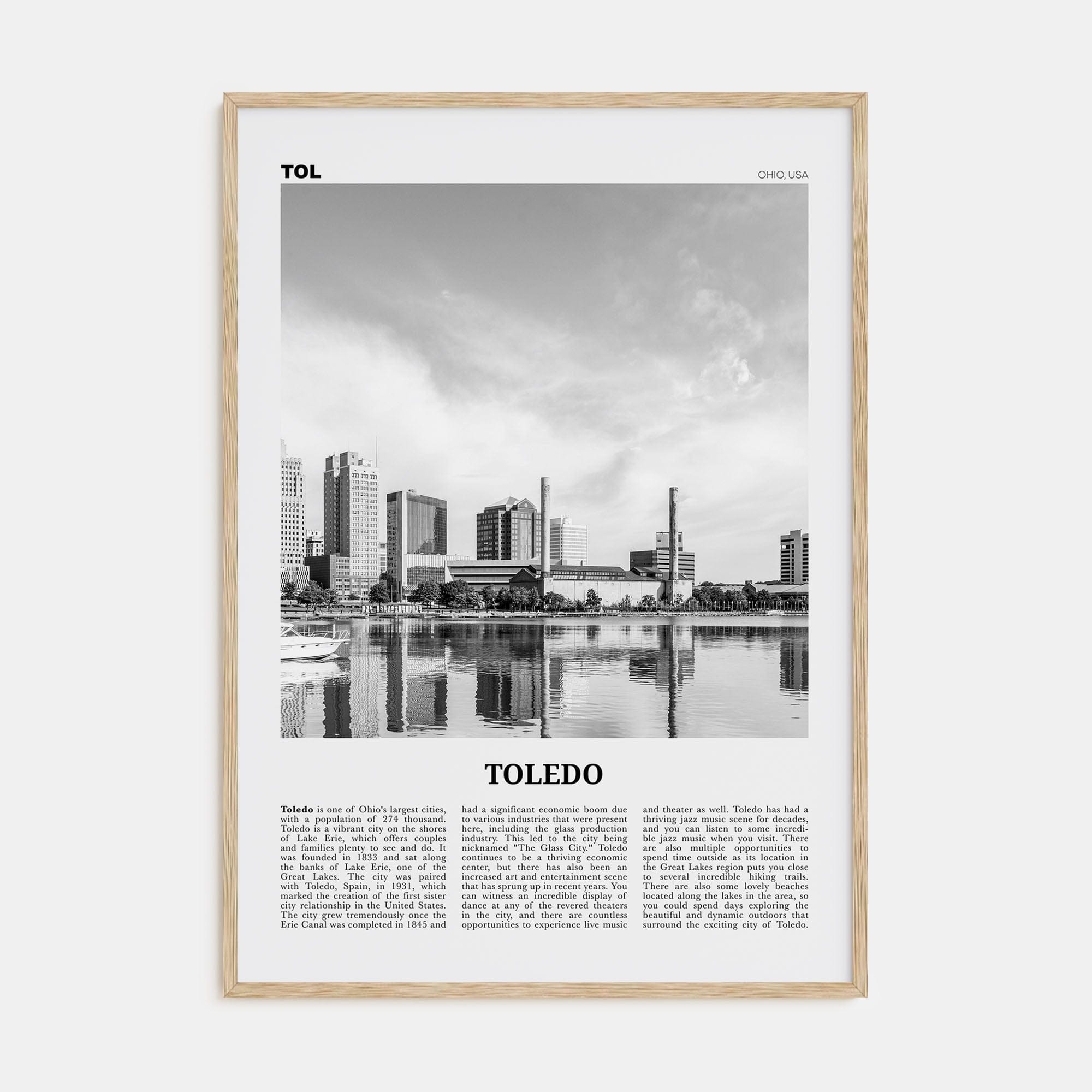 Toledo, Ohio Poster Natural Wood / 8x12 in Nbourhood Travel B&W Poster