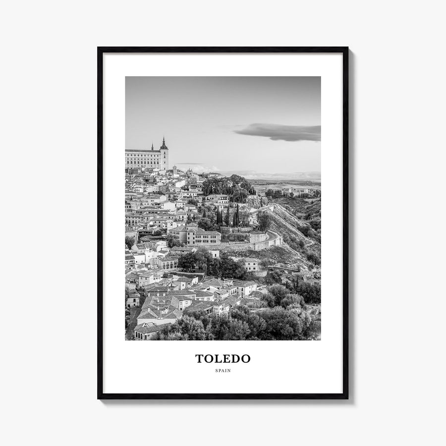 Toledo, Spain black & white classic poster of Spain – vertical wall art, unframed print shown in interior mockup