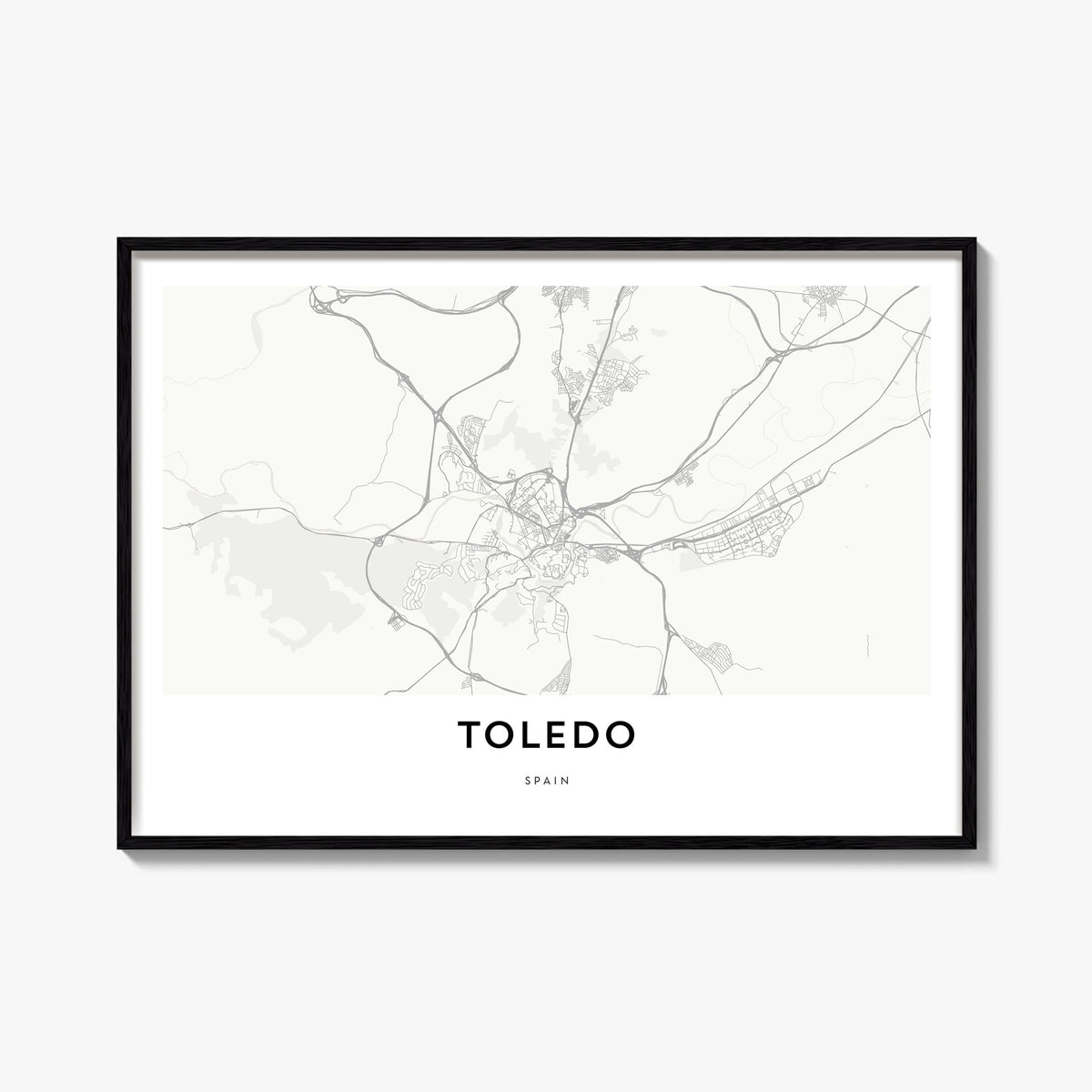 Toledo, Spain black & white map poster of Spain – horizontal wall art, unframed print shown in interior mockup