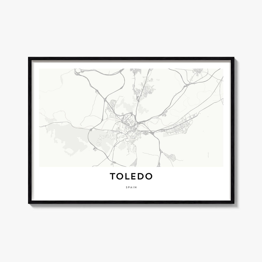 Toledo, Spain black & white map poster of Spain – horizontal wall art, unframed print shown in interior mockup