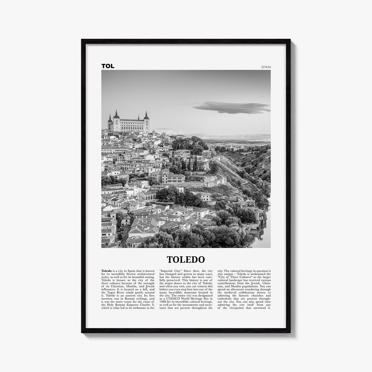 Toledo, Spain black & white newspaper poster of Spain – vertical wall art, unframed print shown in interior mockup