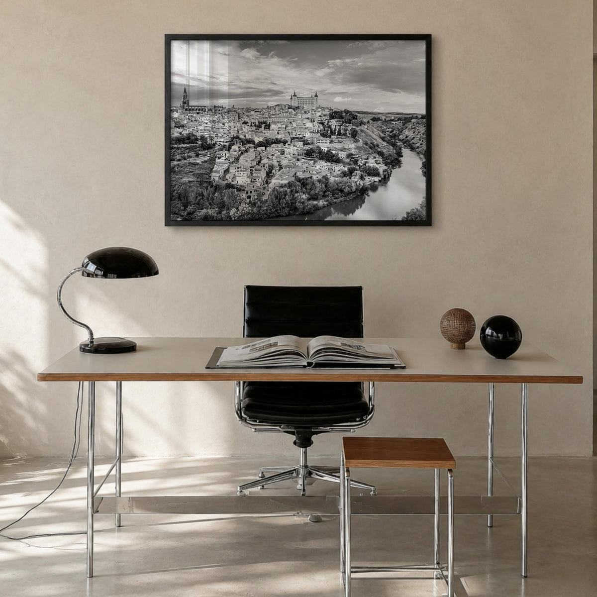Toledo, Spain black & white photo poster of Spain – horizontal wall art in black wood frame, hanging on wall