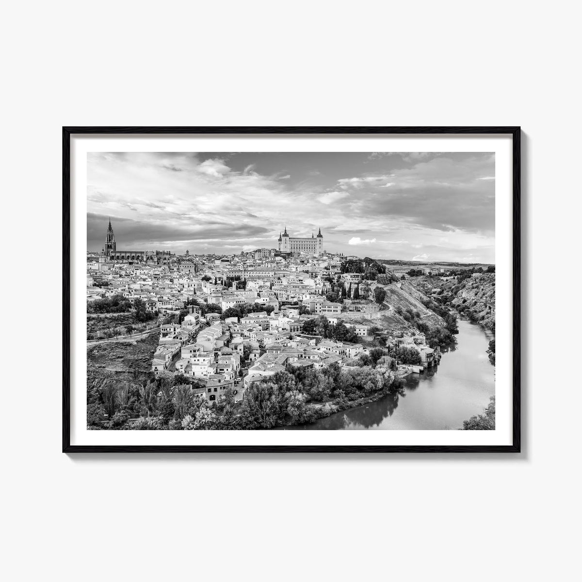 Toledo, Spain black & white photo poster of Spain – horizontal wall art, unframed print shown in interior mockup