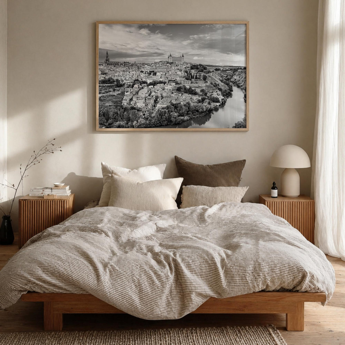 Toledo, Spain black & white photo poster of Spain – horizontal wall art in natural wood frame, hanging on wall