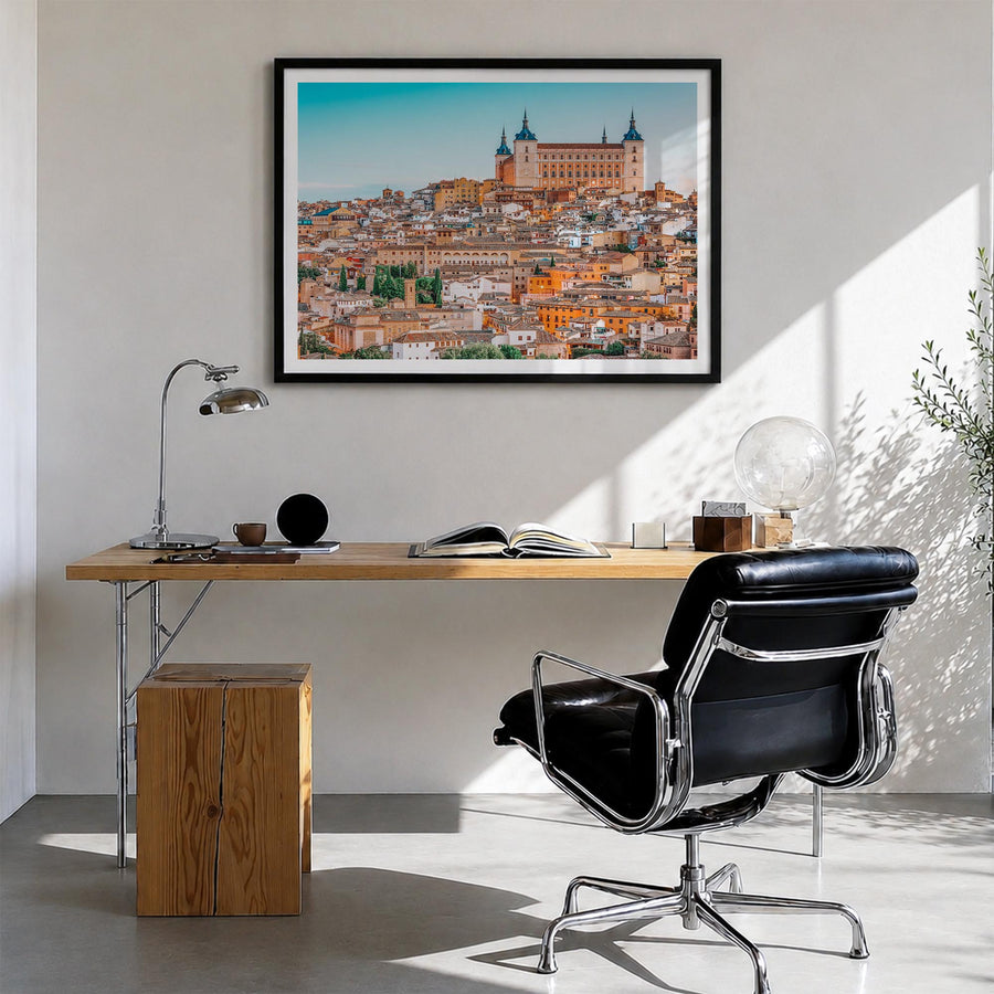 Toledo, Spain colorful photo poster of Spain – horizontal wall art in black wood frame with white border, hanging on wall